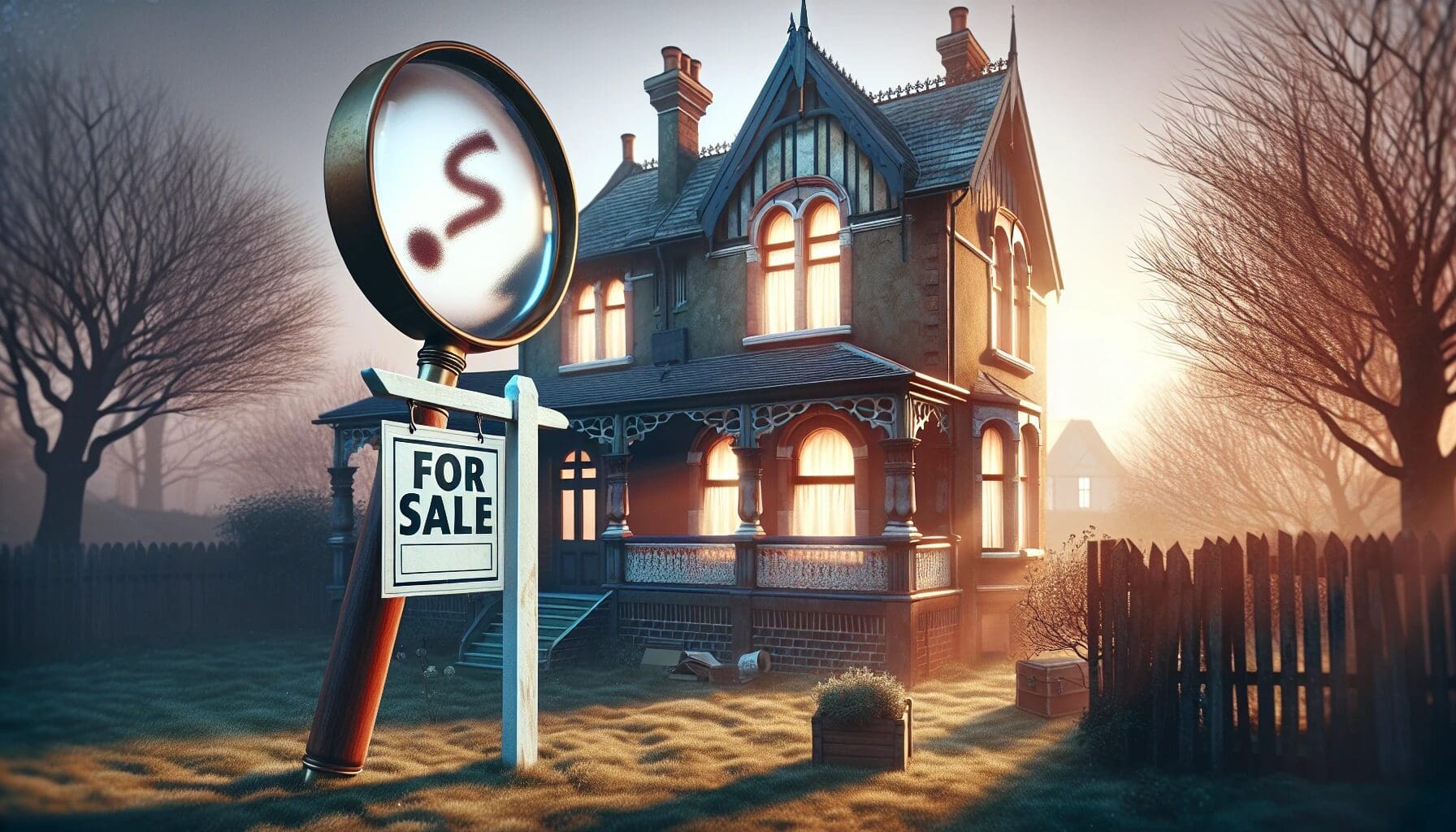 Illustration of a house with a 'For Sale' sign and a magnifying glass representing marketing strategies